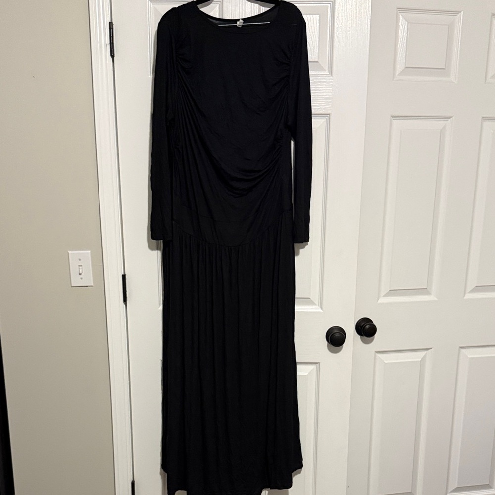 HALARA Black Long Sleeve Maxi Dress with Draped Front